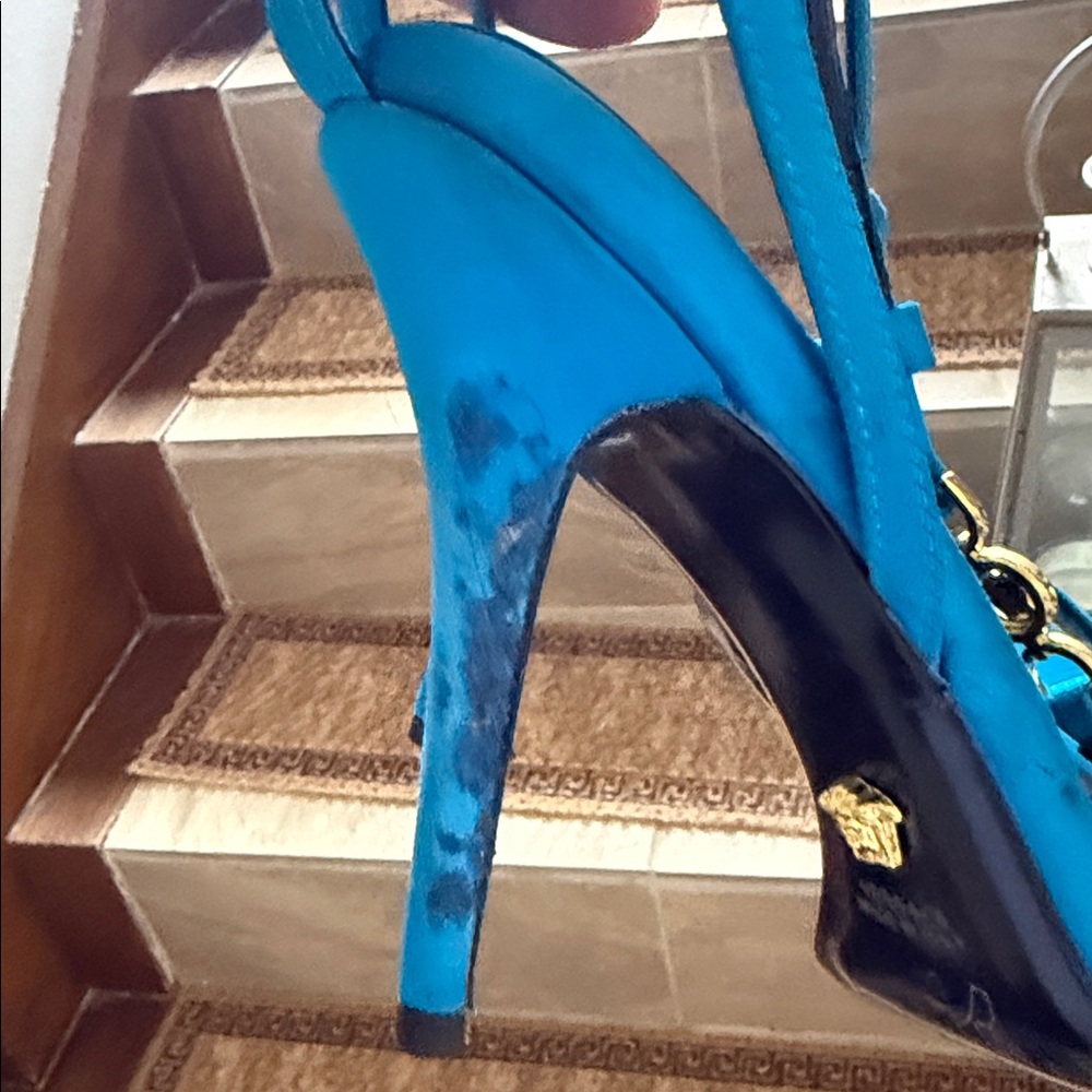 Versace Bright Turquoise Satin Slingback Heels with Gold Medusa - Picture 13 of 16